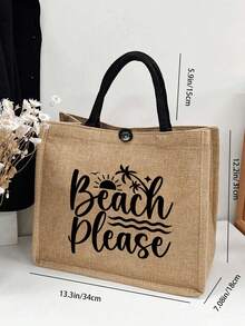 大容量手提袋，印有黑色“Beach Please”字样，便携大容量购物袋，多功能收纳袋，亚麻手柄手提袋，适合海滩旅行、度假、野餐、超市购物、日常携带，轻便夏季女士手提袋，情人节、生日、返校、海滩游玩、蜜月旅行、母亲节礼物 - 彩色 - 查看 11