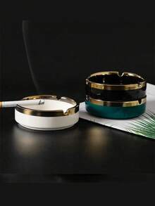 1pc Handmade Gold-Plated Ceramic Ashtray, Gold-Rimmed Edge, Round Shape, Suitable For Home, Office, Cafe, Nordic Minimalist Style Home Decor (Subtle Differences In Handmade Gold-Plating Process Do Not Affect Use) - Multicolor - View 8