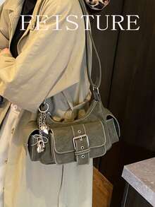 1个FEISTURE PU面料多口袋单肩斜挎包，翻盖口袋小方包，拉链封口，适合女孩、女士、大学生、年轻职业人士，非常适合工作、商务、通勤、上学等场合。 - 綠色 - 查看 8