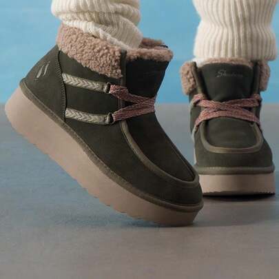 Skechers 女士休闲鞋，KEEP COZY 女士休闲冬靴，麦穗图案+鞋带设计，柔软舒适的高帮羊毛靴，169142-OLV