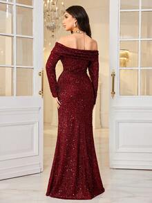 UNITHORSE Off Shoulder Long Sleeve Cinched Waist Slit Sequin Evening Dress - Burgundy - View 2