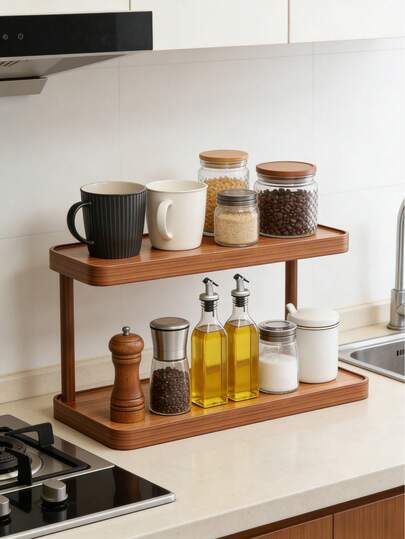 1pc Two Layers Kitchen Desktop Storage Holder, Wooden Seasonings Storage Rack, Tea Cup Display Stand, Perfume Stand For Kitchen Countertop, Dressing Tables And Office Desks, Simple Kitchen Orginizer, Kitchen Decor, Makeup Orginizer, Desk Shelf, Kitchen Accessories, Office Decor.