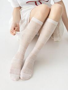 1双女士纯色薄网眼菱形图案过膝袜，时尚简约百搭 - 彩色 - 查看 8