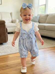 Conjunto de verano para niña pequeña, mono de dos piezas con estampado floral de manga corta y diadema con lazo, ropa bonita para uso diario, ideal para 1 a 18 meses. - Azul - Ver 5