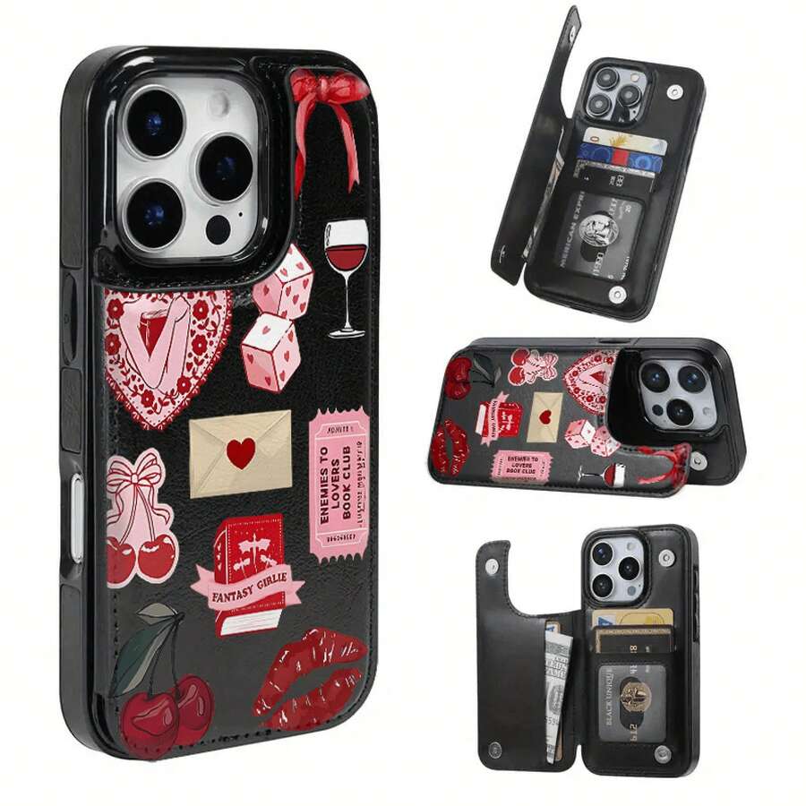 Funda Cartera Negra y Rosa con Solapa para iPhone 12, 13, 14, 15, 16, PRO, PROMAX, MINI, PLUS.Incluye ranuras para tarjetas de crédito y llaves, funda para teléfono móvil con billetera. - Marrón - Ver 1
