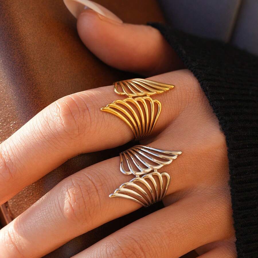 2pcs/1pc Stainless Steel Rings, Exaggerated Rings, High-End Temperament Cutout Rings, Elegant Rings, Adjustable Rings, Light Luxury Design, 304 Stainless Steel Ring Jewelry For Daily Wear - Multicolor - View 1