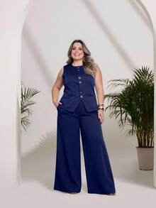 Female Fashion Women's Tailored Set Vest + Pants Fashion Casual/With Special Buttons/Social Work Blazer With Front Button Solid And Elegant Women's Tank Top/Elegant And Stylish Two-Piece Women's Suit Buttons In Front/Elegant/Sophisticated With Fake Pockets/With Buttons/Blogger/Fashion/National Shipping 2025 - 藏蓝色 - 查看 7