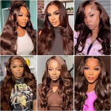 26 Inch Chocolate Brown Lace Front Wig Human Hair 13x4 Transparent Lace Brown Lace Front Wigs #4 Brown Colored Body Wave Lace Front Wigs Human Hair Pre Plucked  HD Lace Frontal Wig - S4 - 查看 7