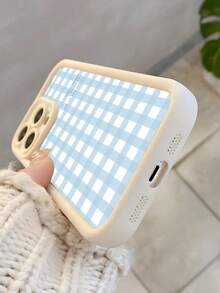 Fashionable, Popular, Personalized, Light Blue Gingham Plaid With Travel English Slogan Print Pattern Design Theme Luxury Shockproof Aesthetic Cute Phone Case, Soft-Touch Ultimate Grip, Waterproof , Dirt-Resistant, Bumper Cover With Camera Protection , Compatible With IPhone 17/17Pro/17Pro Max - White - View 5