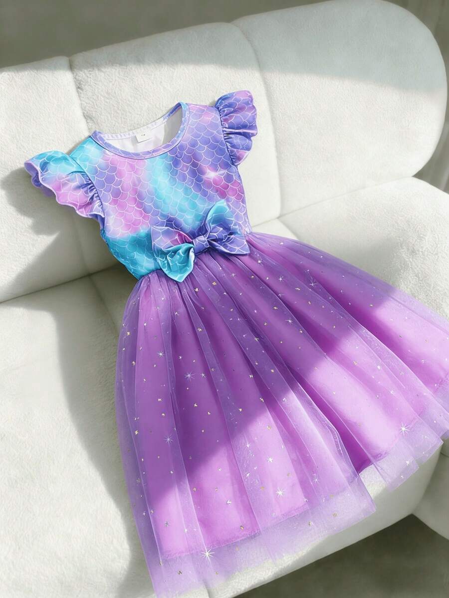 Vestido de malla de contraste de manga corta con lentejuelas para niña joven en verano - Morado - Ver 1
