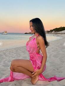 女士春夏流行粉色网纱单层透明百合花印花性感优雅深V领无袖连衣裙，饰以金色花朵，侧开衩腰带，两件套（不含文胸），适合海滩、度假、日常穿着、约会、朋友聚会等场合。 - 粉色 - 查看 5