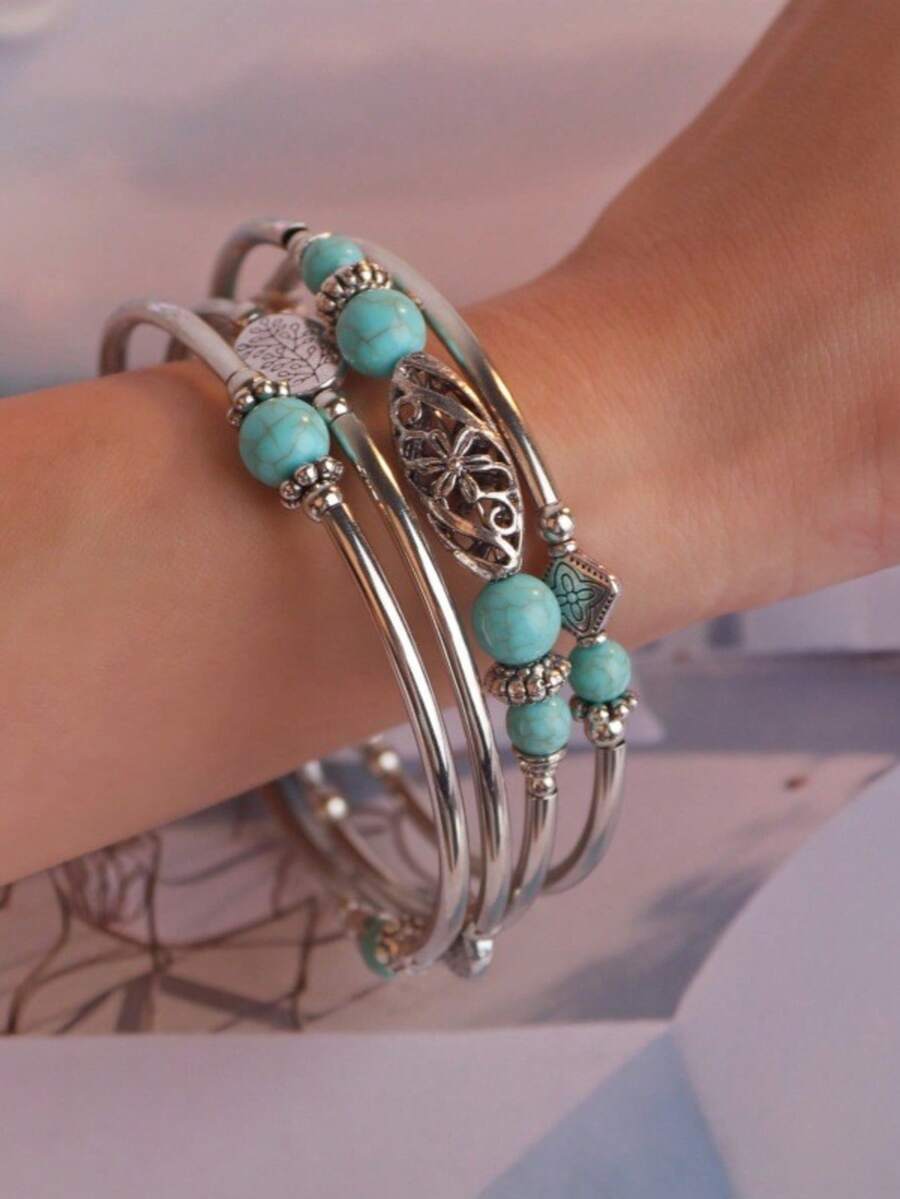 1pc Bohemian Style Wrapped Natural Stone Multilayer Bracelet, Personalized Coil Bracelet Suitable For Women - Baby Blue - View 1