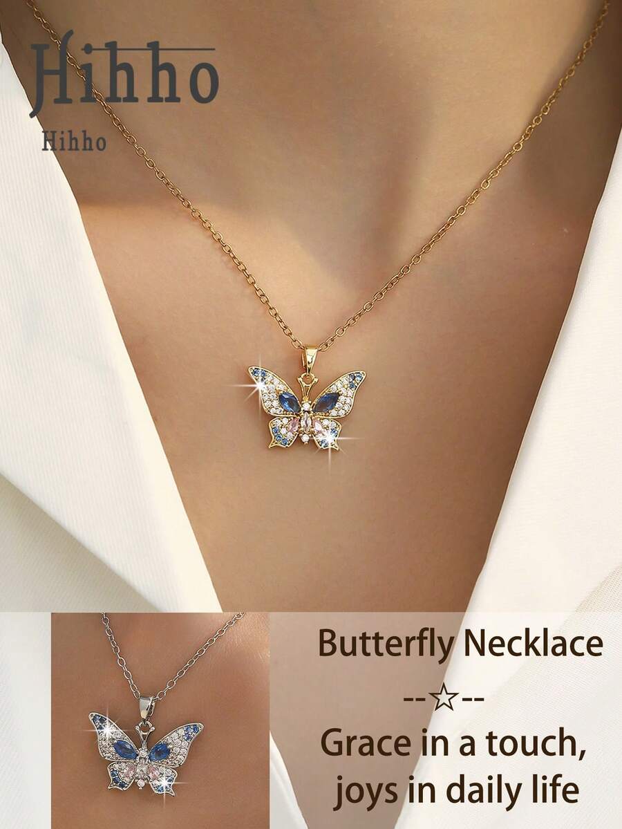 1pc Butterfly Wing Gradient Zirconia Pendant Necklace, Blue & Pink Ombre Zirconia + Full Zirconia Edged Butterfly Wings, Romantic Gift For Girlfriend/Best Friend - Butterfly - View 1