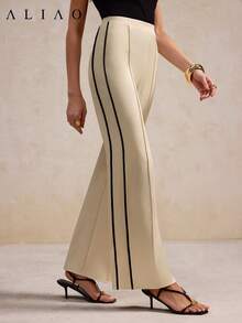 Aliao High-End Black Double Stripes On The Sides Wide-Leg Pants, Vacation Outfits ,Business Casual Woman, Modest, Wedding Season, Valentine's Day Outfit, Old Money Style, Court Style, New Year Outfit - Apricot - View 1