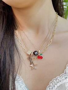 3pcs Leopard & Cherry Necklace Set, Ball-8 Billiard Dice Charm Necklace, Red Cherry Necklace, Fashionable Star Necklace, Classic Leopard NecklaceGift - Vàng - Xem 7