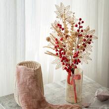 1 pieza Ramo artificial de bayas de primavera con hojas de arce doradas y bayas rojas, decoración de escritorio para el hogar para Navidad, Año Nuevo, Festival de Primavera, flores y plantas artificiales para decoración interior del hogar - Oro rojo - Ver 2