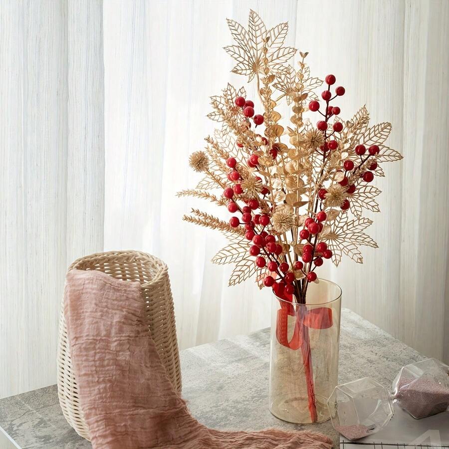 1 pieza Ramo artificial de bayas de primavera con hojas de arce doradas y bayas rojas, decoración de escritorio para el hogar para Navidad, Año Nuevo, Festival de Primavera, flores y plantas artificiales para decoración interior del hogar