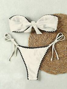 Conjunto de bikini con triángulo y ribete de onda bicolor, minimalista y de alta gama, adecuado para el Día de San Valentín, fiesta de piscina de primavera/verano - Beis - Ver 3
