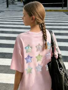 1件Y2K星空印花短袖T恤，少女学生夏季上衣 - 粉色 - 查看 3