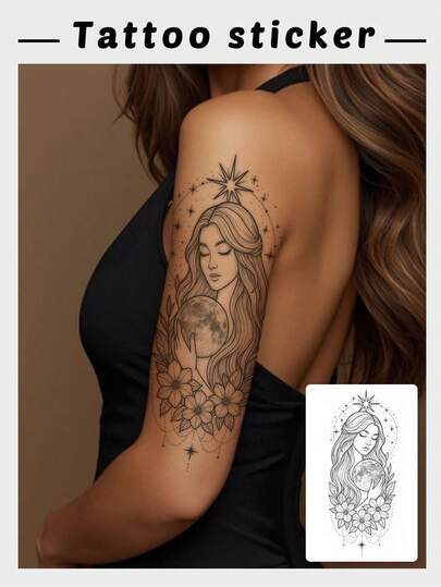 1张时尚防水花卉临时纹身贴纸，暗黑神秘线条图案，手臂/腿部装饰，小众塔罗风格贴纸