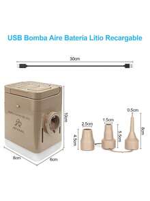 Bomba de aire eléctrica portátil Compresor de aire eléctrico Inflar/desinflar Adecuado para colchones de aire/piscinas/piscinas inflables 3 boquillas (S//L) Accesorio deportivo y de camping de alta potencia para acampadas al aire libre, viajes y actividades en la playa Bomba de aire recargable de iones de litio con conexión USB - Caqui - Ver 2