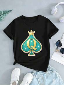 Koszulka z grafiką Queen Spade Crown, jesień, bawełna premium, nadruk artystyczny, styl uliczny hip-hop, oddychająca - Czarne - Zobacz 2