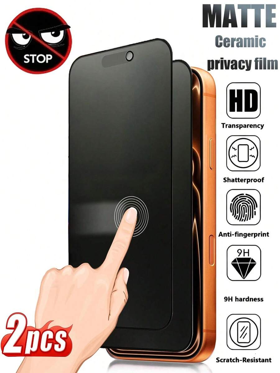 2 Packs Matte Privacy Ceramic Screen Protector Compatible With IPhone 17/Air/17 Pro/17 Pro Max/16 Pro Max/15 Pro Max/14 Pro Max/13/12/11 Pro Max. Non-Tempered Glass, Shatterproof, Shockproof, Anti-Glare, Fingerprint-Resistant, Reduces Eye Strain. - Black - View 1