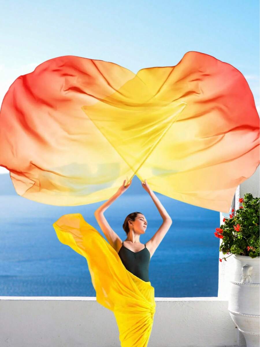 1面渐变色敬拜旗，带旗杆，适用于先知赞美舞、肚皮舞服装、表演道具，搭配亮片裙摆纱丽风格，适用于节日、派对、夜店、海滩、波西米亚复古装饰