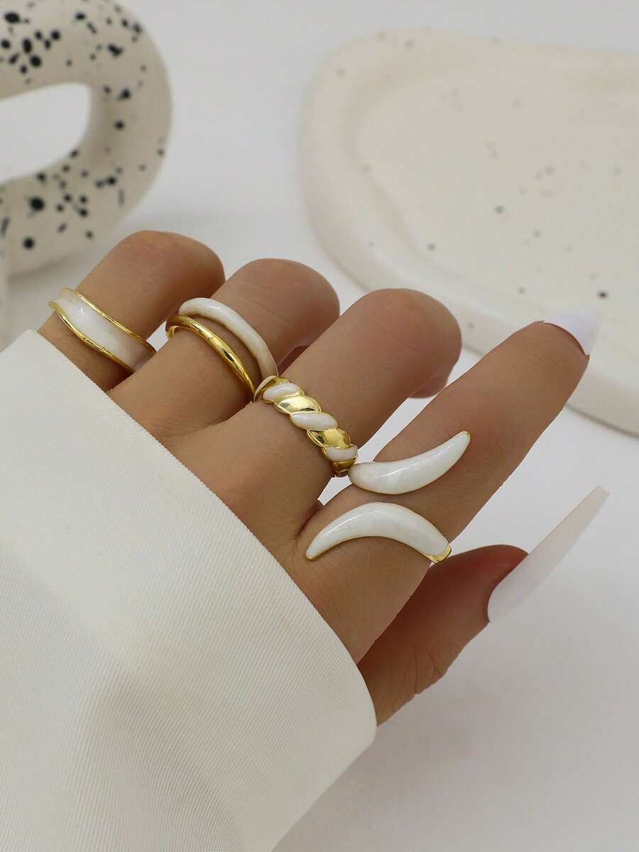 4pcs Vintage Inspired Enamel-Look Rings, Versatile Assorted Geometric Smooth Twisted Ring Set For Women - Gold - View 1