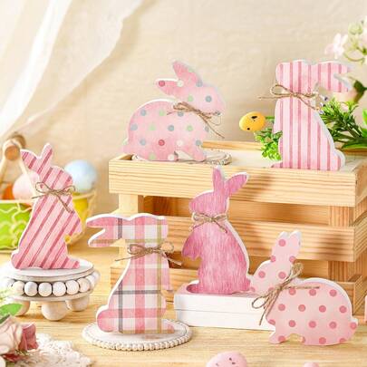 6pcs Easter Bunny Wooden Decor Set, Combining Rustic Craftsmanship, Playful Design And Holiday Charm To Upgrade Your Easter Tabletop And Home Decor. Crafted With Quality Wood, Adorned With Cute Pink Patterns (Polka Dots, Stripes And Plaid), And Accented With Natural Jute Bow Ties, Versatile And Durable, An Ideal Choice For Your Holiday Display.