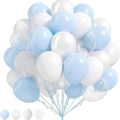 10-Inch 30pcs Set Light Blue And White Balloons, Lightweight Baby Blue Pearl White Style, Paired With Clear Latex Balloons, Suitable For Birthday Party, Wedding, Baby Christening, Gender Reveal Ceremony And More