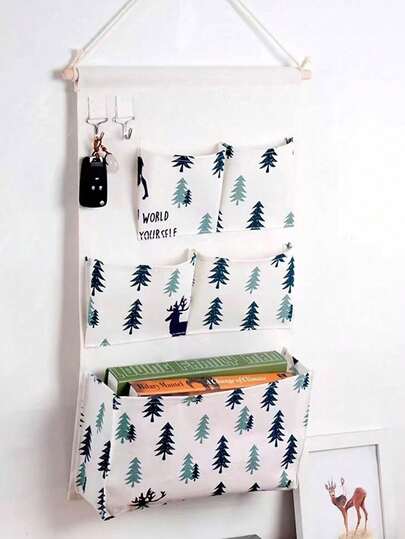 1pc Linen Fabric Storage Bag With 5 Pockets And Dual Hooks, Suitable For Bathroom, Dorm, Over-The-Door Hanging, Wardrobe Wall Mounted Storage Organizer