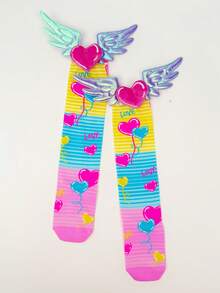 儿童过膝袜 1 双装 心形气球 3D 立体爱心翅膀趣味袜子 疯狂袜子 四季皆宜 派对情人节复活节日常穿着礼物 - 淺粉色 - 查看 6