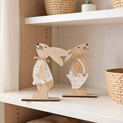 2pcs Rustic Wooden Rabbit Figurines, Blending Simplistic Design And Handcrafted Warmth To Infuse Your Home With Cozy Countryside Ambiance. Crafted With High-Quality Natural Wood, Adorned With Playful Details (Burlap Bow, Patterned Fabric Decor, And Button Accents)