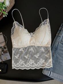 甜辣蕾丝V领网纱镂空加厚吊带背心，修身Atmosphere吊带衫，休闲夏季款 - 杏色 - 查看 2