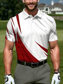 Men's Colorblock Geometric Lines Polo Shirt With Collar And Buttons, Suitable For Golf, Sports, And Casual Wear In Summer - Red and White - View 1