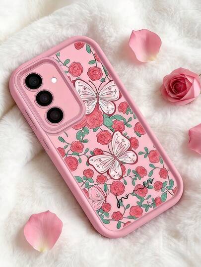 1 pieza Funda de teléfono compatible con iPhone 7/8/X/XR/XS Max/11/12/13/14/15/16/17 Pro Max, A14/A15/A16/A17/A04/A05/A06/A07/A54/A55/A56/A34/A35A/36/S26/S26 Plus/S26 Ultra, Note 11/12/13/14, A5X, C55/C61/C63/C65/C67, Moto G13/14/15 con diseño creativo de rosa y mariposa con efecto escarcha