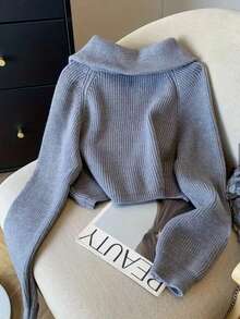 Women's Cropped Midriff-Baring Solid Color Zip-Up Knit Top, Casual Slouchy For Spring & Autumn Daily Wear - Grey - View 2