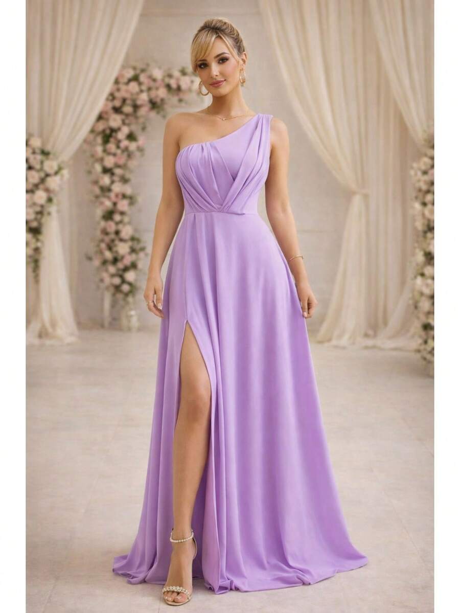 Long Dress For Bridesmaid, Wedding, Graduation, Guests, One Shoulder, Detailed Bust. - 紫丁香色 - 查看 1