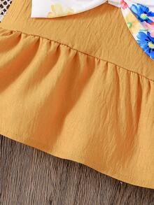 2pcs Baby Girl Clothes Set, Yellow Strap Top With Big Bow & White Floral Print Pants, Spring/Summer - Yellow - View 7