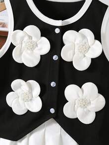 Bộ 2 món cho bé gái, gồm áo tank top không tay in 3D hoa trà và chân váy xếp ly tối giản, thích hợp mặc ngoài trời và thường ngày, mùa hè. - Nhiều màu - Xem 3