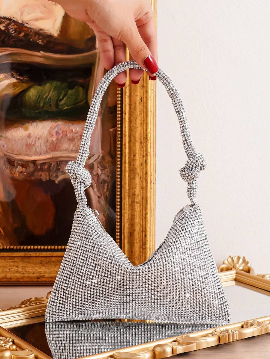 Sparkling Rhinestone Decor Mini Square Handbag, Fashion Versatile Clutch Bag For Party, Banquet, Events - Silver - View 1