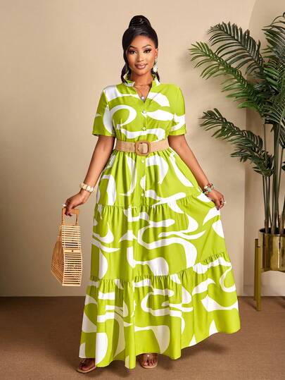 BIUBIU Plus Size Casual Loose Woven A-Line Shirt Dress - Tropical Green Print, Suitable For Summer Vacation, St. Patrick's Day, Daily Wear And Beach Outfit