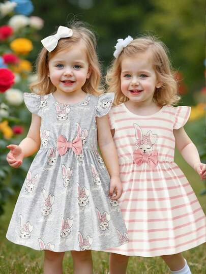 2件套女童复活节可爱兔子图案圆领短袖连衣裙，红白条纹，简约可爱，适合春夏、复活节、节日、日常穿着