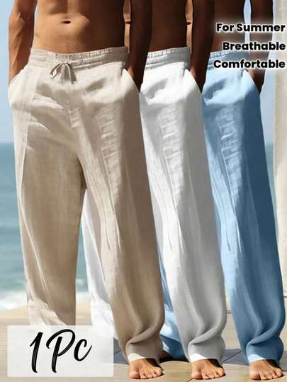 Men's Loose Breathable Linen Casual Sweatpants, Solid Color, Beige Daily Wear Pants, Men's Drawstring Trousers, Men's Summer Pants, Men's Linen Pants, Men's Loose Casual Pants, Spring/Summer