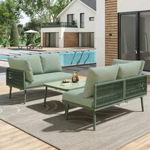 Garden Lounge Set Made Of Iron, Garden Furniture Set Made Of Green Rope, L-Shaped Garden Furniture Set, Lounge Set Made Of Green Rope With Seat Cushions, Adjustable Feet, 2 Sofas And 1 Table - Green + Iron - View 6