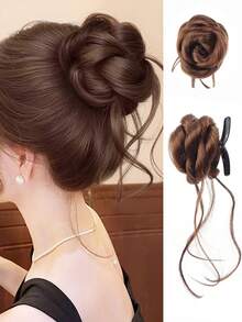 8英寸合成发髻、马尾辫、甜甜圈发髻发夹、编织发髻、黑色花朵发髻发夹、深棕色女士发髻 - 彩色 - 查看 13