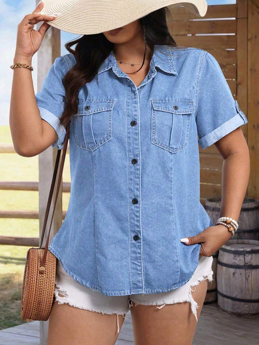 Denim-Hemd in Große Größen, Kurzarm, Knopfverschluss, Taschen, Hemdkragen, normale Länge, Nicht-Stretch Stoff, Lässig Sommer - Helle Waschung - Übersicht 1