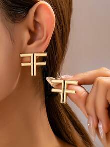 一对锌合金中文字符、字母、符号耳钉，适合女士宴会、商务、派对、婚礼、节日礼物、日常佩戴 - 金黃色 - 查看 6
