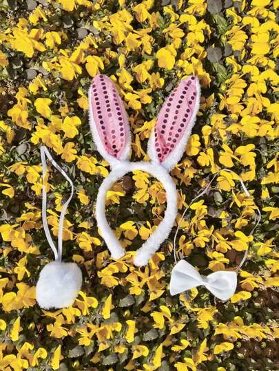 3件套新款复活节和万圣节兔耳朵头箍套装，包括发箍、领结和毛绒尾巴。适合各种场合，如节日、聚会、派对和舞台表演，多种款式可选。